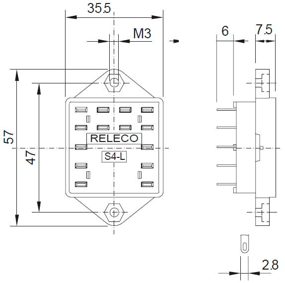 Габаритная схема розетки Releco S4-L для С4 реле