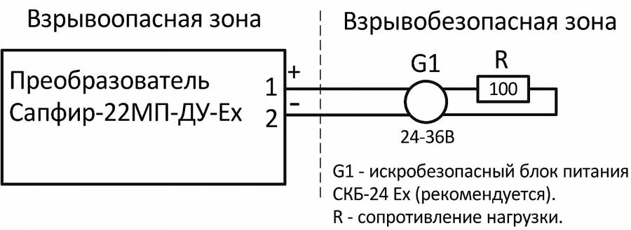 Схема включения для буйковых уровнемеров Сапфир-22МП- ДУ-Ех с выходным сигналом 4-20 мА при двухпроводной линии связи